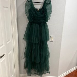 Lace & Beads off shoulder tulle maxi dress in forest green
